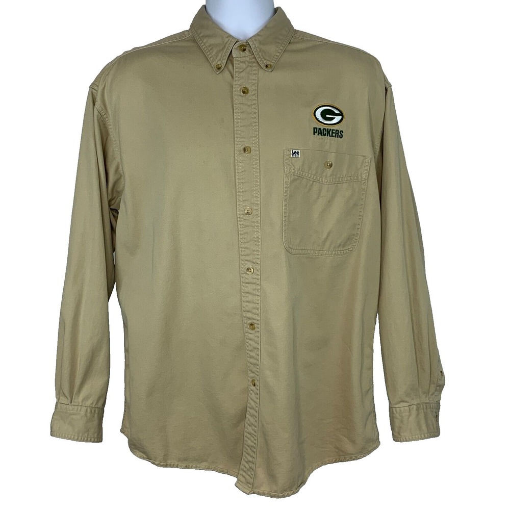 Lee Sport Mens Size L Shirt Packers Logo Embroidered Long Sleeve Cotton Beige